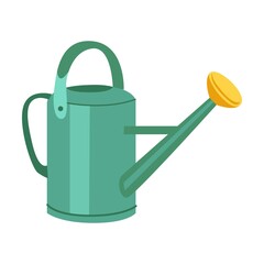 Garden watering can. Garden tools illustrations in cartoon style. Bright gardening equipment, rake or shovel and lawnmower, farm or rural instrument on white