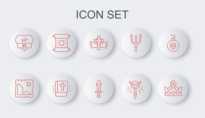 Set line King crown, Pirate treasure map, Christian cross, Magic staff, Video game bar, Decree, parchment, scroll, Holy bible book and Sword for icon. Vector