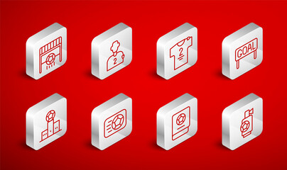 Set line Air horn, Football soccer player, jersey and t-shirt, Goal football, learning book, goal with, Soccer and Award over sports winner podium icon. Vector