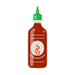 Spicy sauce in bottle vector illustration. Ketchup, hot tomato and chili sauces in bottles, red and yellow peppers isolated on white background