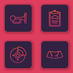 Set line Signal horn on vehicle, Car brake disk with caliper, inspection and Broken windshield. Blue square button. Vector