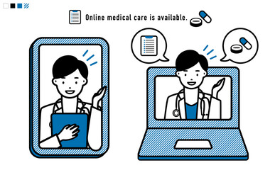 スマホやパソコンでオンライン診療 問診や処方箋を出す医者_青系