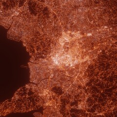 Kumamoto city lights map, top view from space. Aerial view on night street lights. Global networking, cyberspace