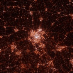 Groningen city lights map, top view from space. Aerial view on night street lights. Global networking, cyberspace