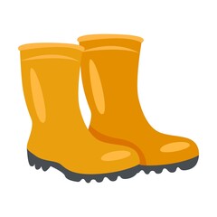 Rubber boots. Garden tools illustrations in cartoon style. Bright gardening equipment, rake or shovel and lawnmower, farm or rural instrument on white