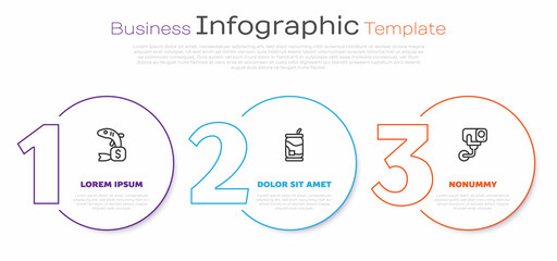 Set line Price tag for fish, Soda can and Security camera. Business infographic template. Vector