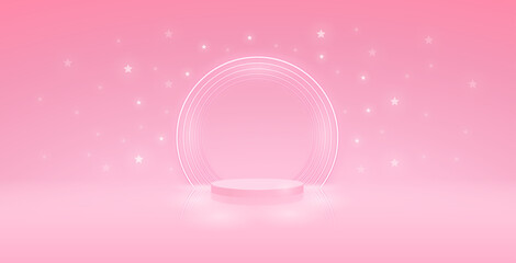 Podium with Neon on Pink Starry Lights Background