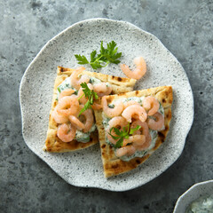 Sandwich with cream cheese and shrimps