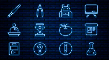 Set line Test tube, Projection screen, School backpack, Award cup, Gives lecture, Paint brush, Apple and Drawing compass icon. Vector