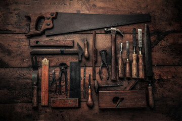 flat lay picture of big set of vintage tools for carpentry
