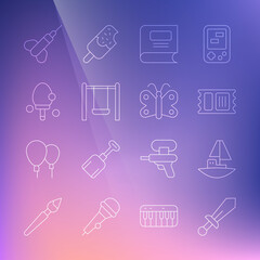 Set line Sword toy, Toy boat, Circus ticket, Book, Swing, Racket, Dart arrow and Butterfly icon. Vector