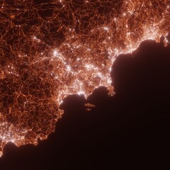 Cannes and Antibes city lights map, top view from space. Aerial view on night street lights. Global networking, cyberspace