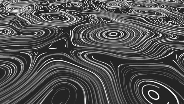 Halftone animated spiral background. Maze rotating in circle. Pattern of chaotic waves, lines. Energy flows. Hypnotic screensaver. Intro for technology, business, presentations, social networks. 4k