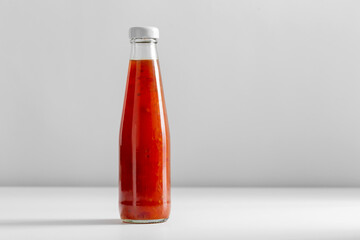 eating, food and culinary concept - close up of sour sweet asian sauce in glass bottle on table
