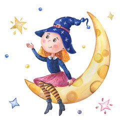 Watercolor witch sitting on crescent. Illustration for Halloween holiday with yellow moon