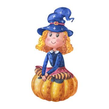 Watercolor witch sitting on pumpkin. Illustration for Halloween holiday.
