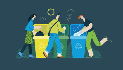 Ecology - Waste sorting -Modern flat vector concept illustration of people putting a plastic, paper and glass into the garbage container for sorted waste. Creative landing web page template