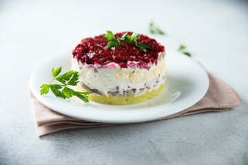 Traditional herring salad with beetroot