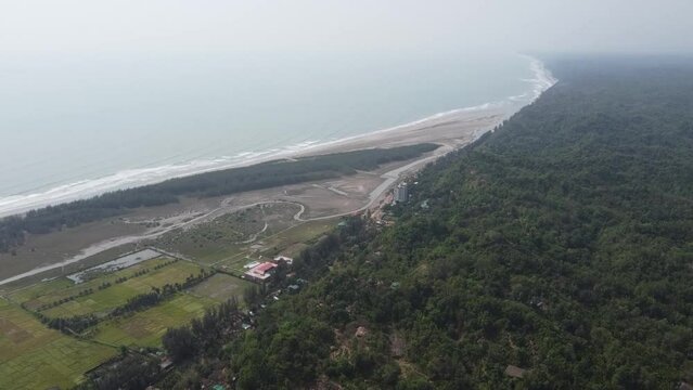 Aerial View of Himchori Beach Front in Cox's Bazar, Bangladesh