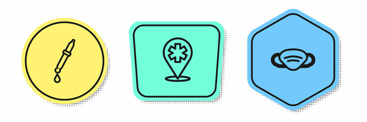 Set line Pipette, Location hospital and Medical protective mask. Colored shapes. Vector