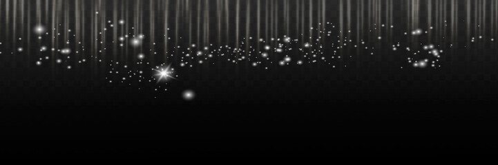 Golden glitter and sequins on sunburst background. Abstract background. Golden beams of light with glowing magic dust. Glows in the dark. Flying particles of light. Vector illustration.