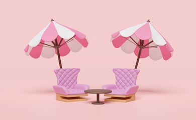 coffee table toy with pink umbrella or parasol, sofa chair isolated on pink background. 3d illustration or 3d render