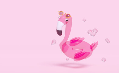 3d pink Inflatable flamingo transparent with water splash, copy space isolated on pink background. summer travel concept, 3d render illustration