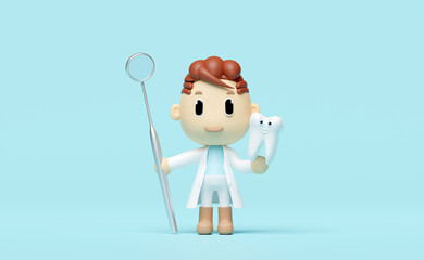 3d miniature cartoon character dentist hands hold dentist mirror, dental molar isolated on blue. check for cavities, dental examination of the dentist, health of white teeth, oral care, 3d render