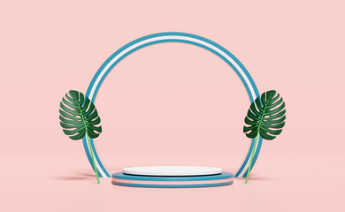 3d white cylinder stage podium empty with palm leaf, abstract geometric cosmetic showcase pedestal pink background. minimal modern scene, 3d render illustration