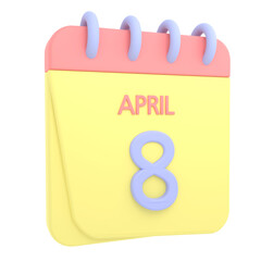 8th April 3D calendar icon. Web style. High resolution image. White background