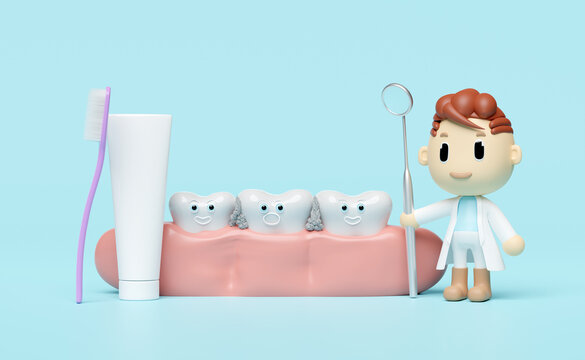miniature cartoon character dentist 3d with dentist mirror, toothbrush, gums, dental molar, check for cavities, dental examination of the dentist, health of white teeth, oral care 3d render
