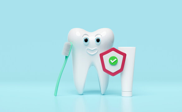 3d dental molar teeth model icon with toothbrush, toothpaste tube, shield check isolated on green background. tooth decay prevention, health of white teeth, oral care, 3d render illustration