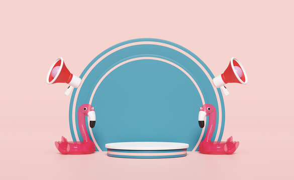 3d pink cylinder stage podium empty with megaphone, inflatable flamingo, abstract geometric cosmetic showcase pedestal pink background. announce promotion news, minimal modern scene, 3d render