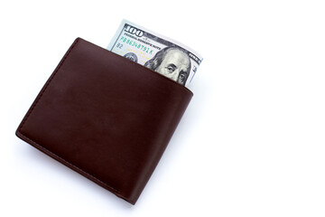 Brown wallet with one hundred dollar banknotes. Financial concept