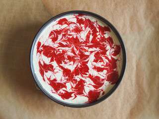 Raspberry cheesecake, top view, flatlay, food photography