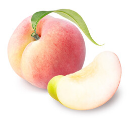 Sweet Pink Peach fruit with leaf isolated on white background, Fresh Peach on White Background With clipping path.