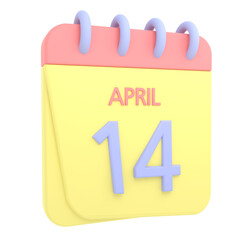 14th April 3D calendar icon. Web style. High resolution image. White background