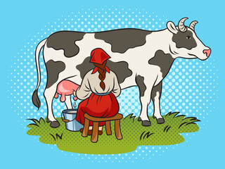 milkmaid milking cow pop art retro raster illustration. Comic book style imitation.