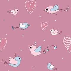 cute, delicate drawing of birds and hearts in pink and blue tones, an endless background for fashionable design of textile fabrics for babies and newborns? printing on textiles or web wallpapers