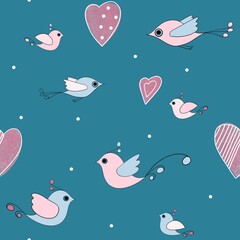 cute, delicate drawing of birds and hearts in pink and blue tones, an endless background for fashionable design of textile fabrics for babies and newborns? printing on textiles or web wallpapers