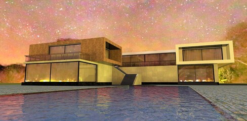 Night view of an advanced high-tech house. The building looks romantic against the backdrop of twinkling stars. 3d render. It will be interesting to sellers of expensive real estate.