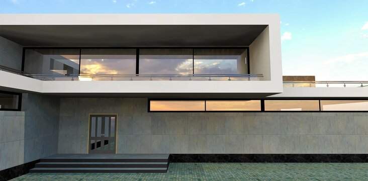 Entrance to the high-tech building. Concrete façade. 3d render. Relevant for designers exploring trends in home design and construction.