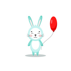 Obraz na płótnie Canvas Blue bunny with a red balloon, cute rabbit vector illustration