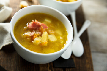 Homemade pea soup with smoked bacon