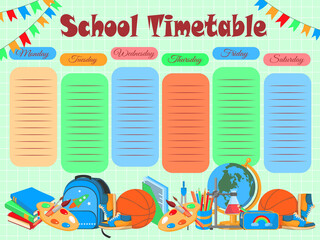 School timetable, weekly classes schedule on blackboard background. Vector school timetable chalk sketch schedule, education supplies and student study items, basketball ball, books and pens