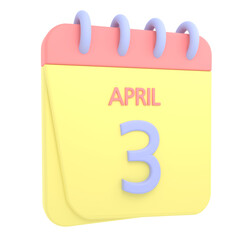 3rd April 3D calendar icon. Web style. High resolution image. White background