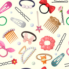 Hair accessories pattern. Beauty stylish items for hair grooming and care processes plastic pins rubber bands recent vector seamless background in cartoon style