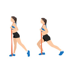 Fototapeta na wymiar Woman doing Lunge with long resistance band exercise. Flat vector illustration isolated on white background