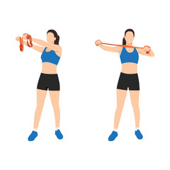 Fototapeta na wymiar Woman doing Upper back exercise archer with long resistance band exercise. Flat vector illustration isolated on white background