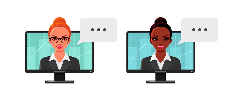 Businesswomen portraits on computer screen. Set of female characters, African American and European girls, trader, manager or realtor with graph. Vector cartoon illustrations isolated on background